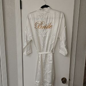 White Satin Bride Robe with Gold Embroidery